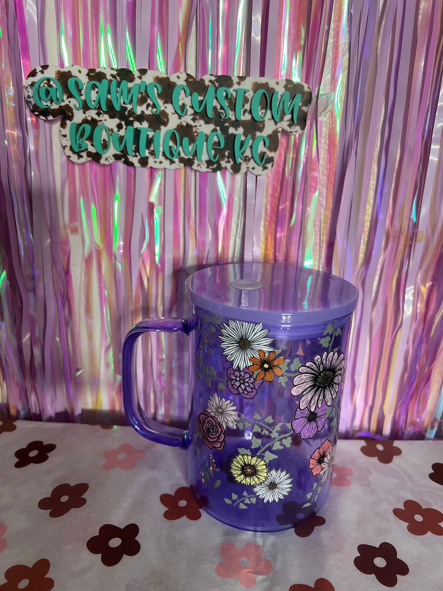 purple flower glass can