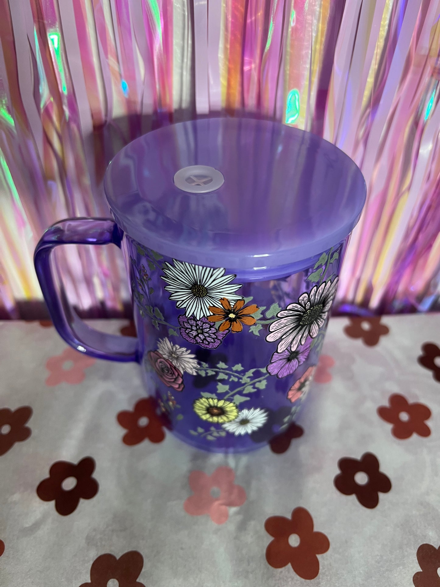 purple flower glass can