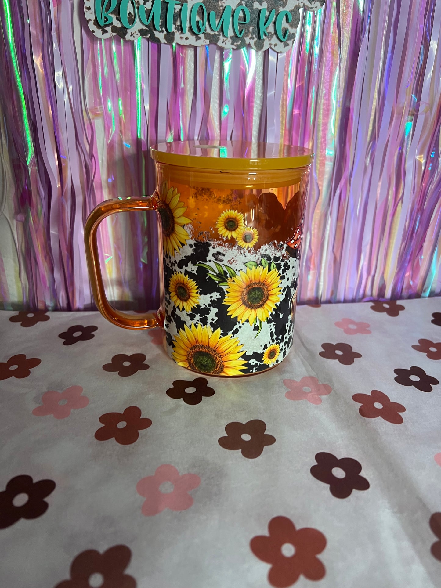 sunflower cow glass can with handle