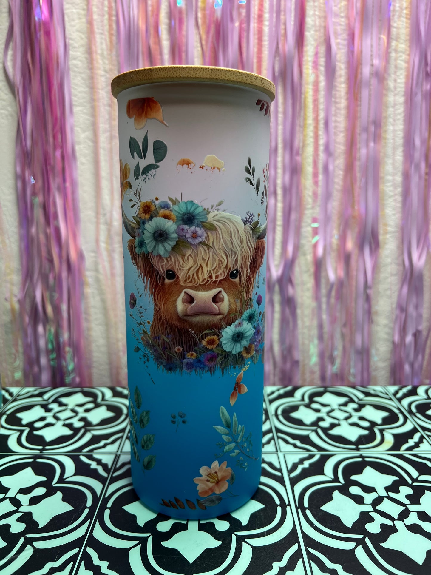 floral highland cow glass can